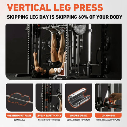 Smith Machine, All-In-One Power Rack Cage with Vertical Leg Press, 2000LBS Power Cage Squat Rack with Smith Bar, Dual Pulley Cable Crossover with Weight Bench, Barbell, 370LB Weight Plates