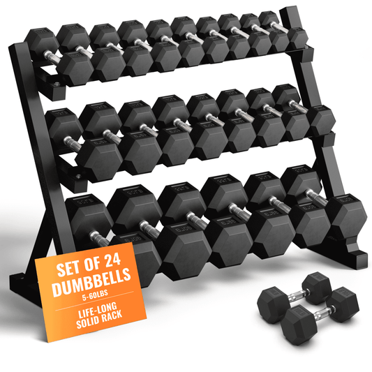 5-50 LBS Rubber Hex Dumbbell Set with Rack, 10 Pair, 550 Lbs, Weight Set for Home Gym, Strength Training, Fitness Center Equipment