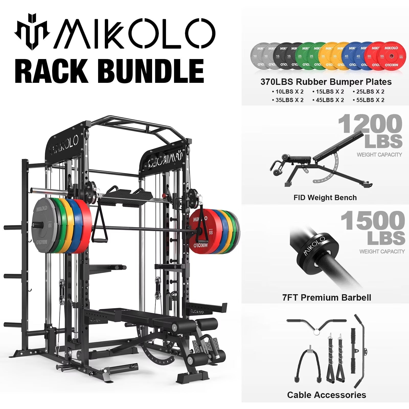 Smith Machine, All-In-One Power Rack Cage with Vertical Leg Press, 2000LBS Power Cage Squat Rack with Smith Bar, Dual Pulley Cable Crossover with Weight Bench, Barbell, 370LB Weight Plates