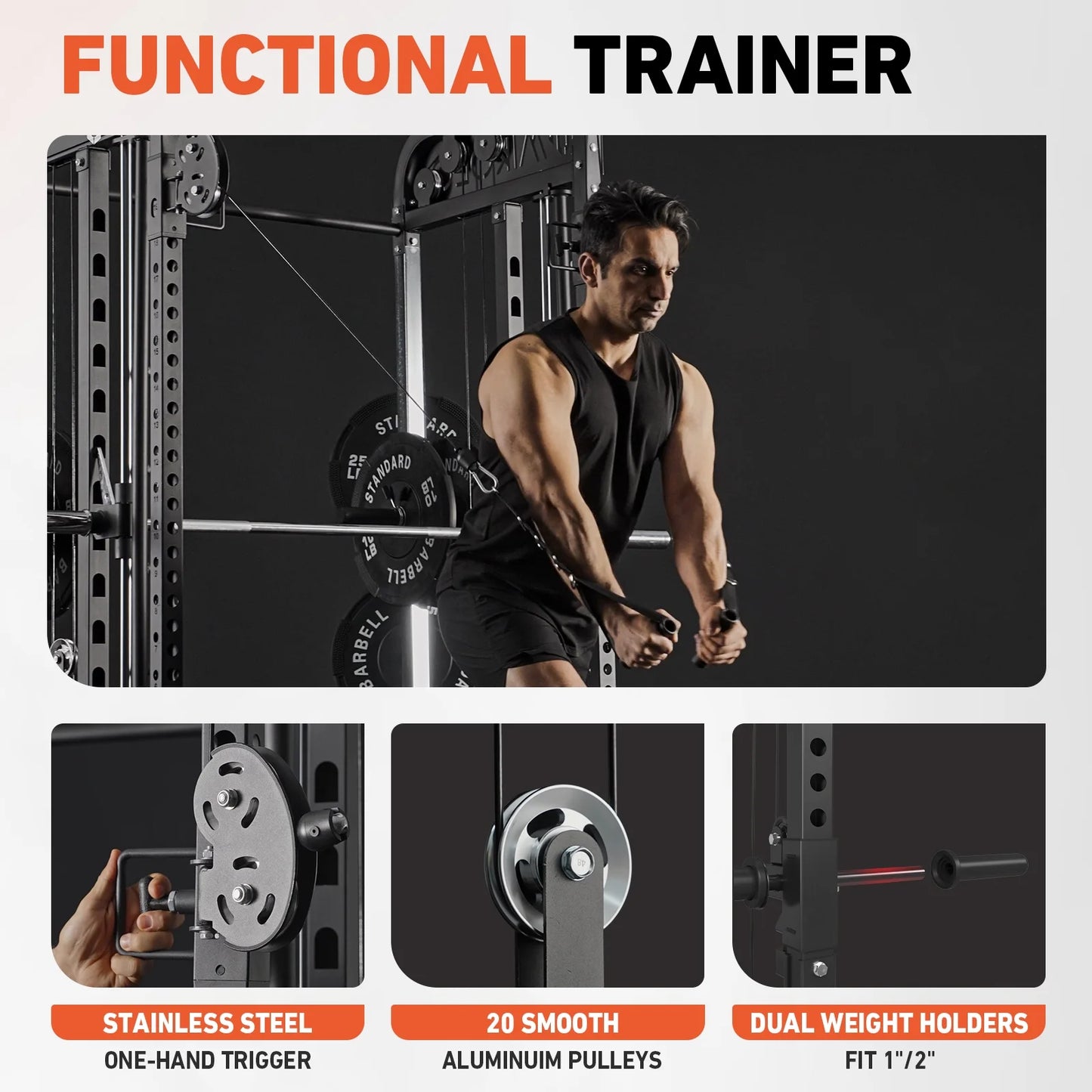 Smith Machine, All-In-One Power Rack Cage with Vertical Leg Press, 2000LBS Power Cage Squat Rack with Smith Bar, Dual Pulley Cable Crossover with Weight Bench, Barbell, 370LB Weight Plates