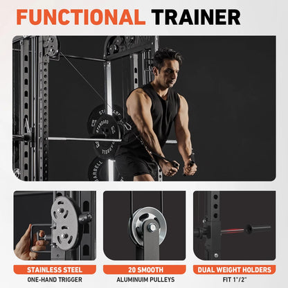 Smith Machine, All-In-One Power Rack Cage with Vertical Leg Press, 2000LBS Power Cage Squat Rack with Smith Bar, Dual Pulley Cable Crossover with Weight Bench, Barbell, 370LB Weight Plates