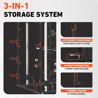 Smith Machine, All-In-One Power Rack Cage with Vertical Leg Press, 2000LBS Power Cage Squat Rack with Smith Bar, Dual Pulley Cable Crossover with Weight Bench, Barbell, 370LB Weight Plates